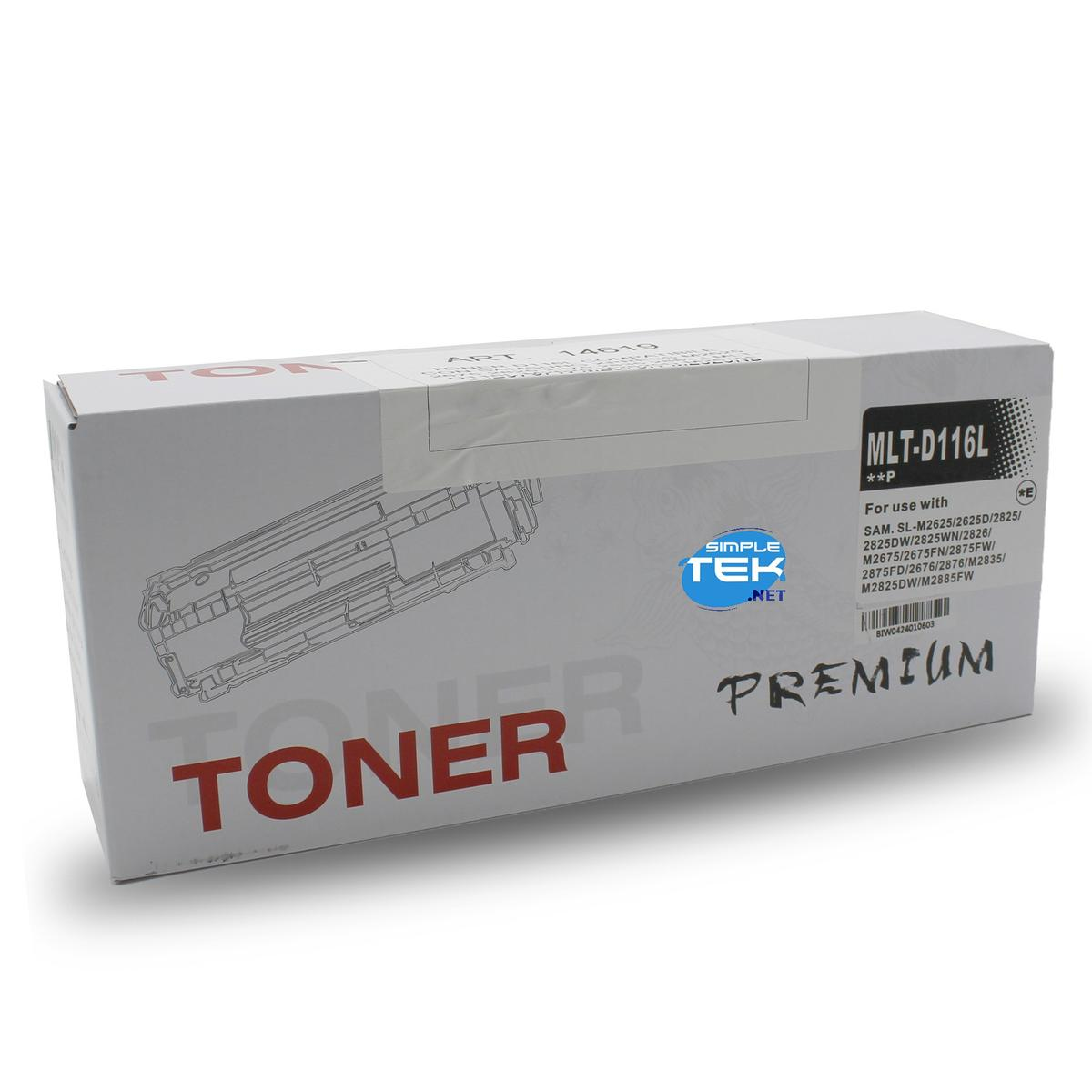 Una scatola bianca di toner. Contiene le scritte 'TONER PREMIUM' e 'SIMPLE TEK .NET' e il numero di modello MLT-D116L.
