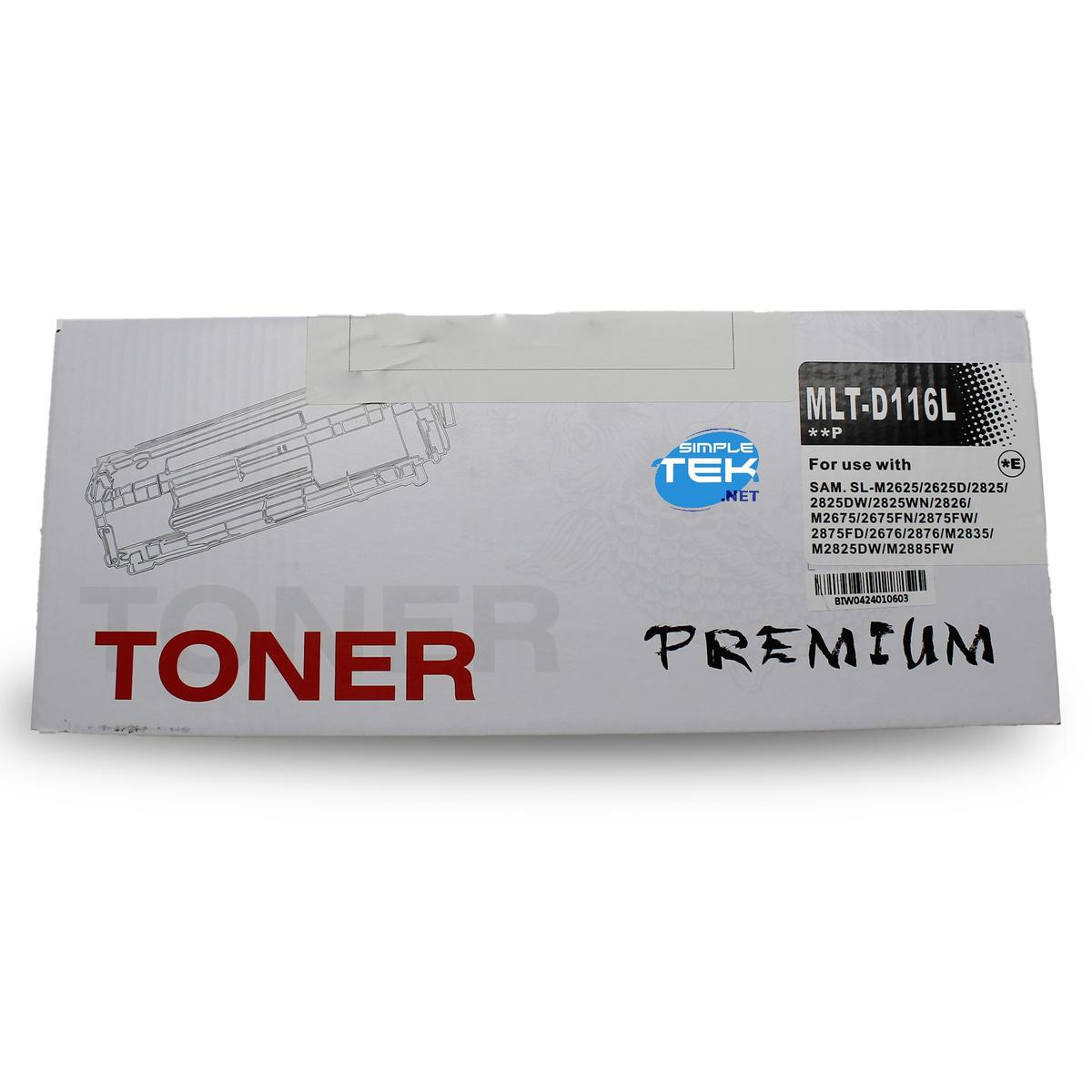 Scatola toner con testo 'TONER PREMIUM' e 'MLT-D116L'. Contiene un logo Simple Tek e un elenco di stampanti compatibili.
