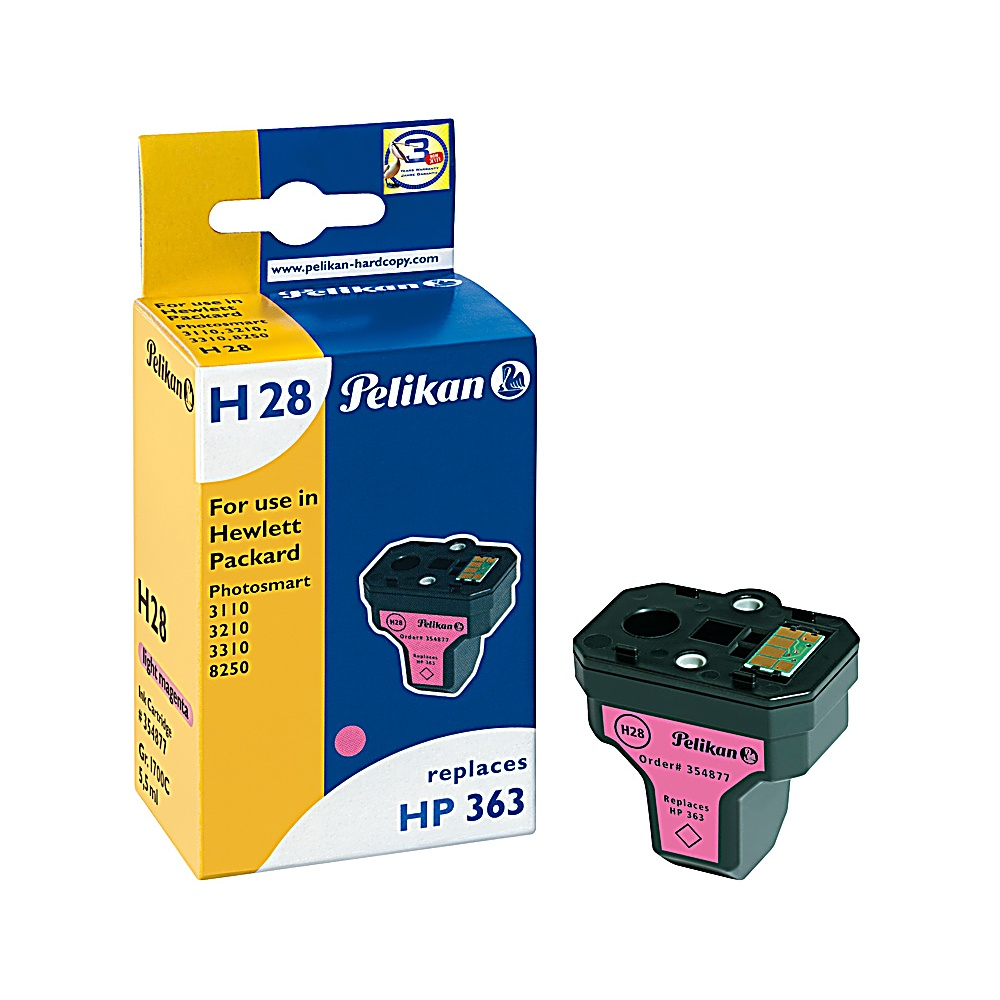 L'immagine mostra una scatola e una cartuccia d'inchiostro Pelikan H28. La scatola è blu e gialla, la cartuccia è nera e rosa.