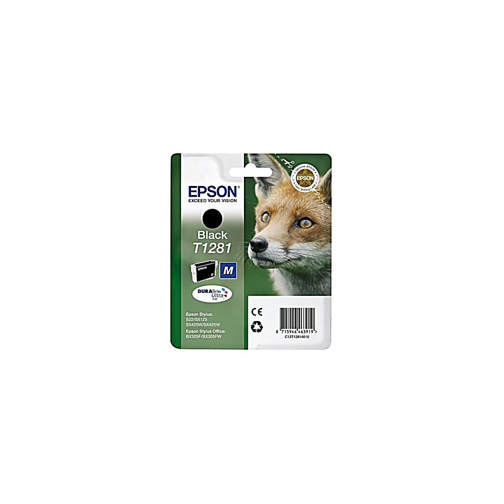 Cartuccia d'inchiostro Epson Black T1281, con immagine di volpe. La confezione è verde e nera. Presenta Epson e DuraBrite Ultra.