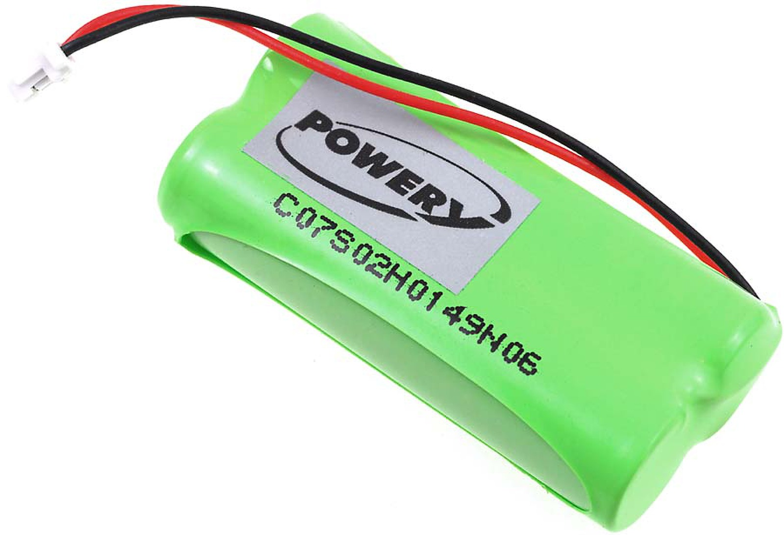 Una batería verde con cables negro y rojo, y un conector blanco. La etiqueta dice 'POWER' y tiene un número de serie.