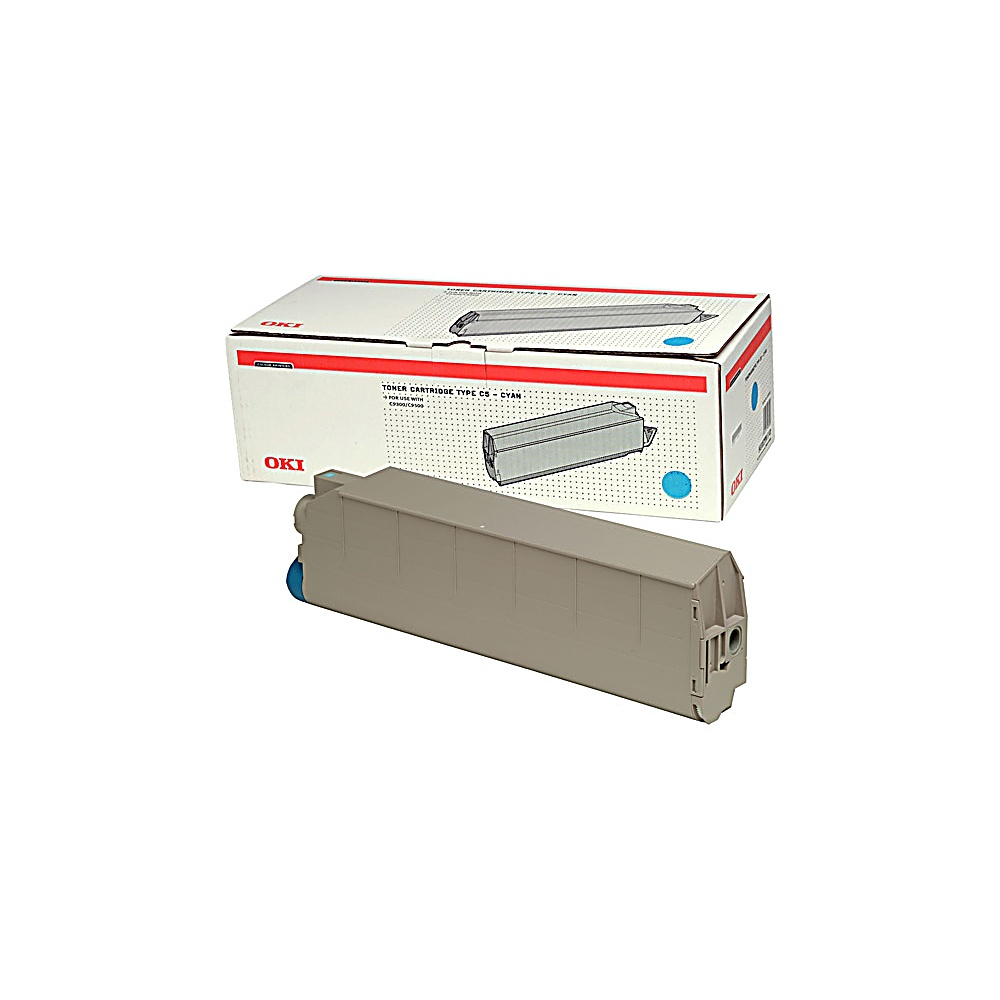 Una cartuccia di toner grigia e la sua scatola. La scatola è bianca con dettagli blu e rossi. La cartuccia è davanti alla scatola.