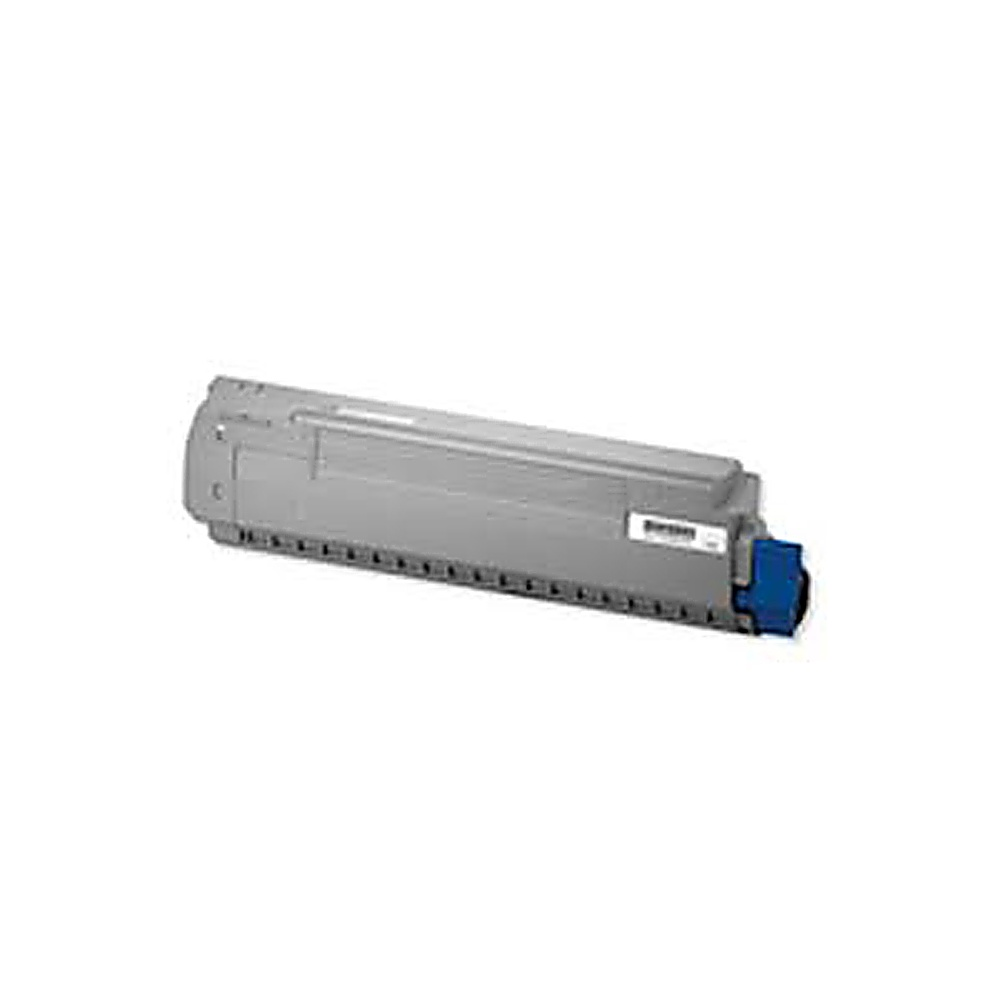 Una cartuccia toner grigia con un componente blu sul lato destro è isolata su sfondo bianco.