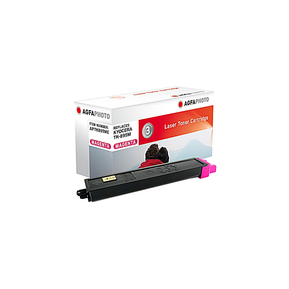 Una cartuccia toner laser magenta di AgfaPhoto, con la scatola sullo sfondo. La cartuccia è nera con dettagli rosa.