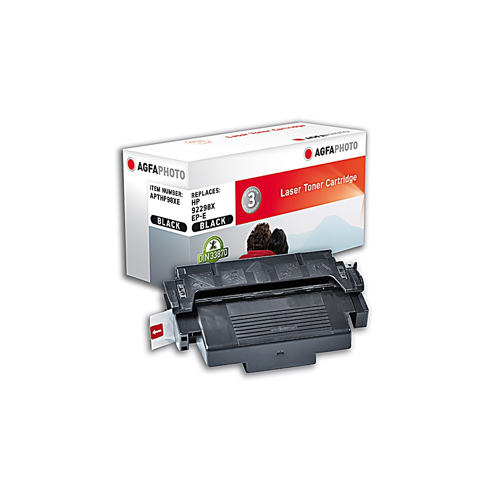 Una cartuccia toner laser nera di AGFAPHOTO, con una scatola bianca e rossa sullo sfondo. La scatola dice 'Laser Toner Cartridge'.