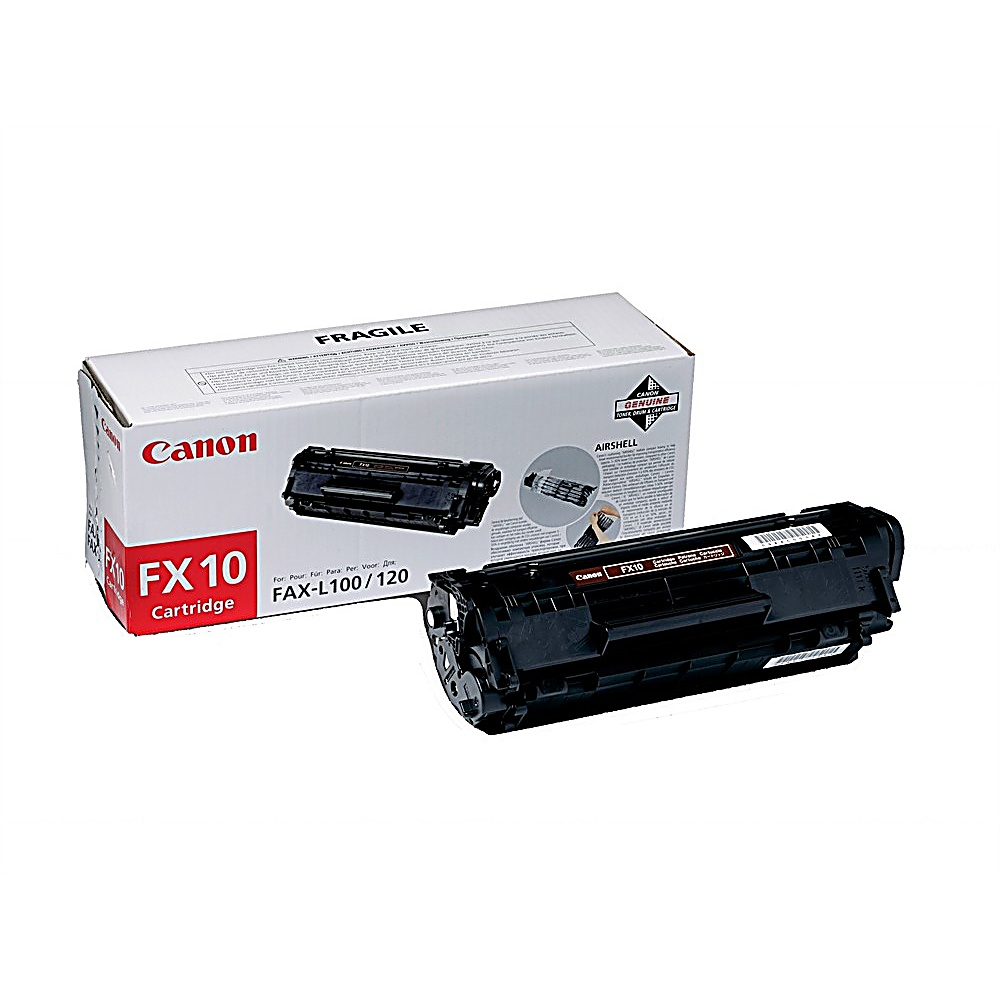 Una cartuccia Canon FX10 e la sua scatola sono su una superficie bianca. La scatola ha il logo Canon e il modello della cartuccia.