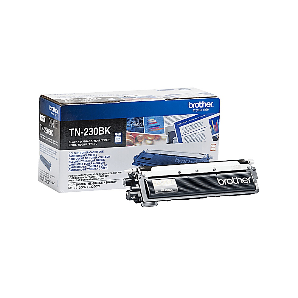Sono mostrati una scatola e una cartuccia toner Brother TN-230BK. La scatola è blu e bianca, la cartuccia è nera.