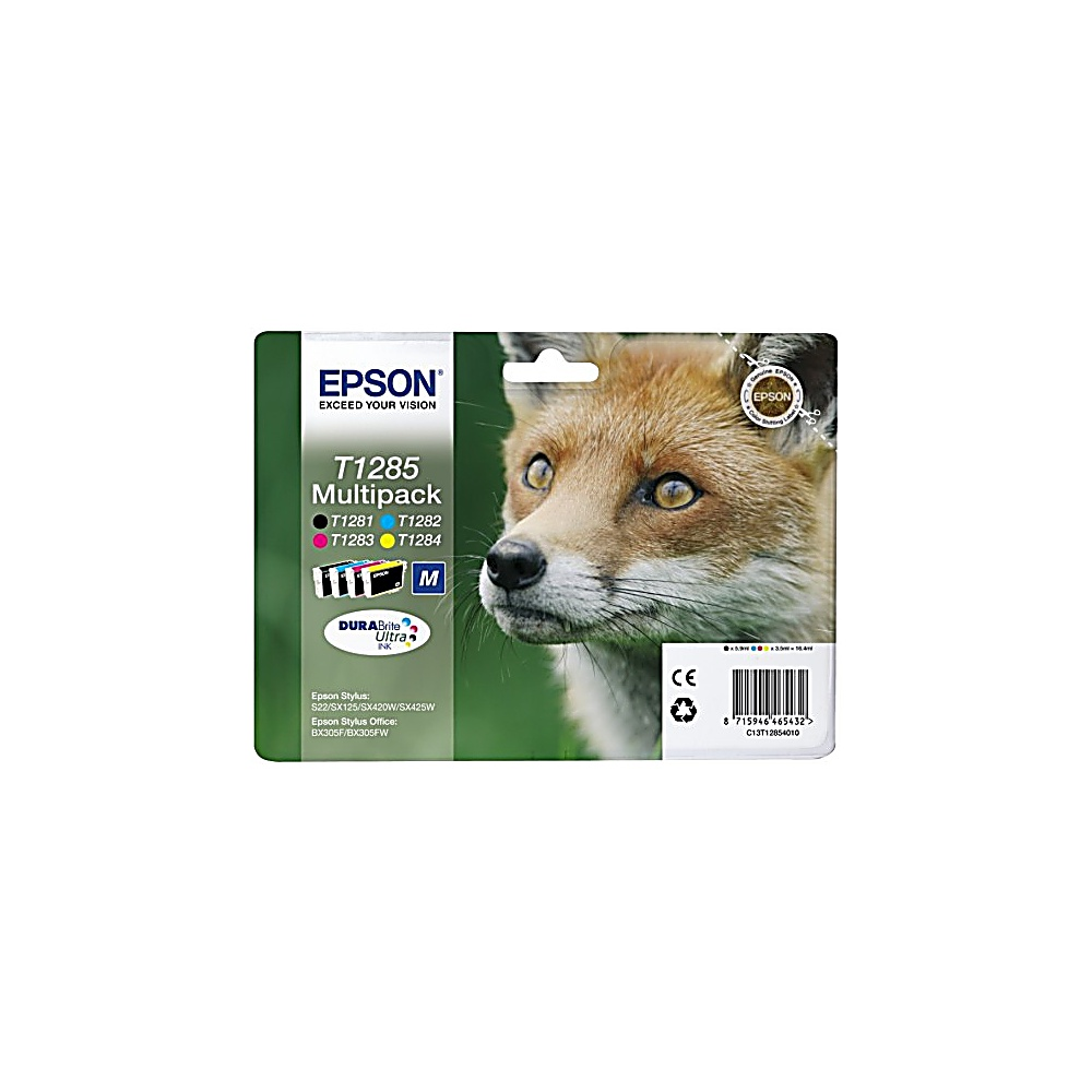 Confezione di cartucce d'inchiostro Epson T1285. Raffigura la faccia di una volpe. Sfondo verde e bianco con dettagli del marchio.