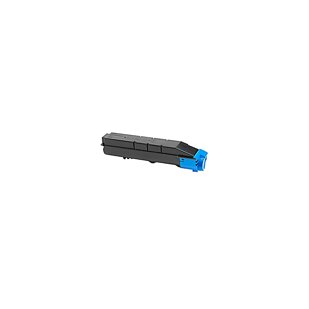 Una cartuccia toner per stampante nera e blu è isolata su sfondo bianco. La cartuccia è al centro.