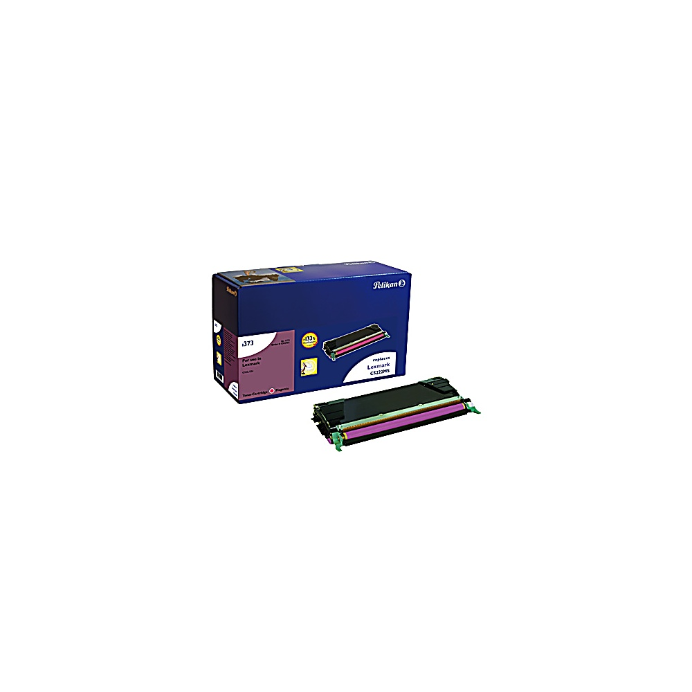 Una scatola blu Pelikan e una cartuccia di toner, magenta e nera. La scatola riporta '373' e 'Lexmark'.