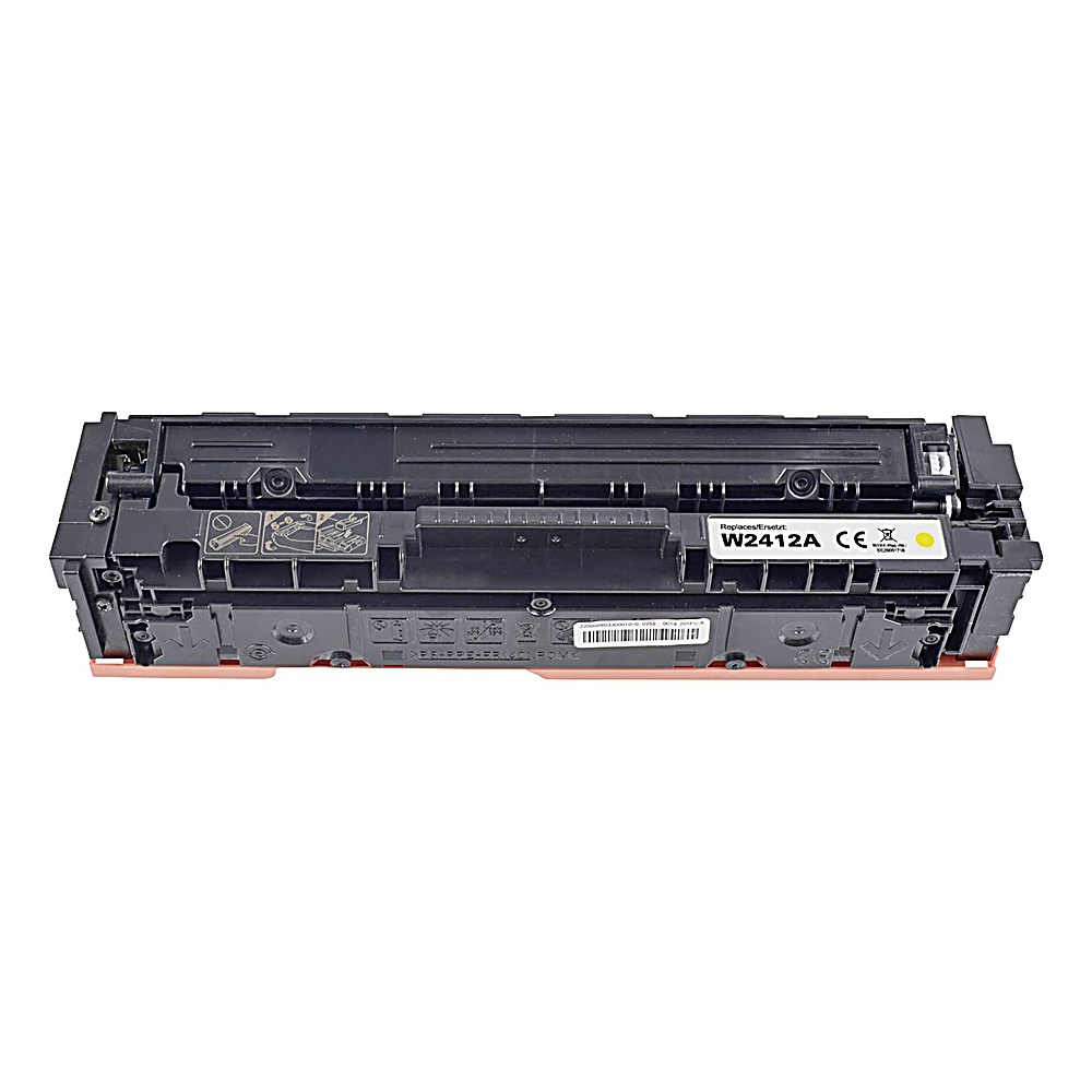 Viene mostrata una cartuccia toner per stampante. È nera con dettagli arancioni. Il modello è W2412A.