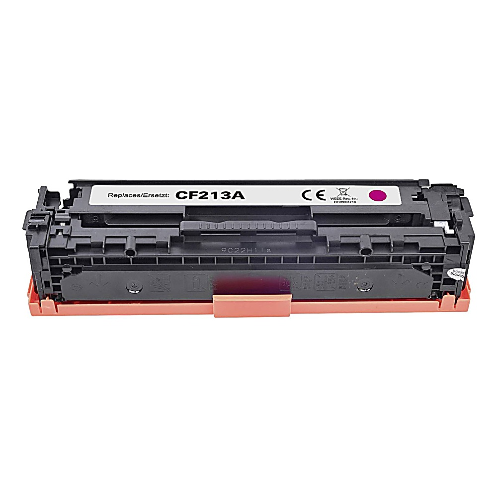 Una cartuccia toner per stampante. È nera e rosa, con la scritta CF213A. Lo sfondo è bianco.