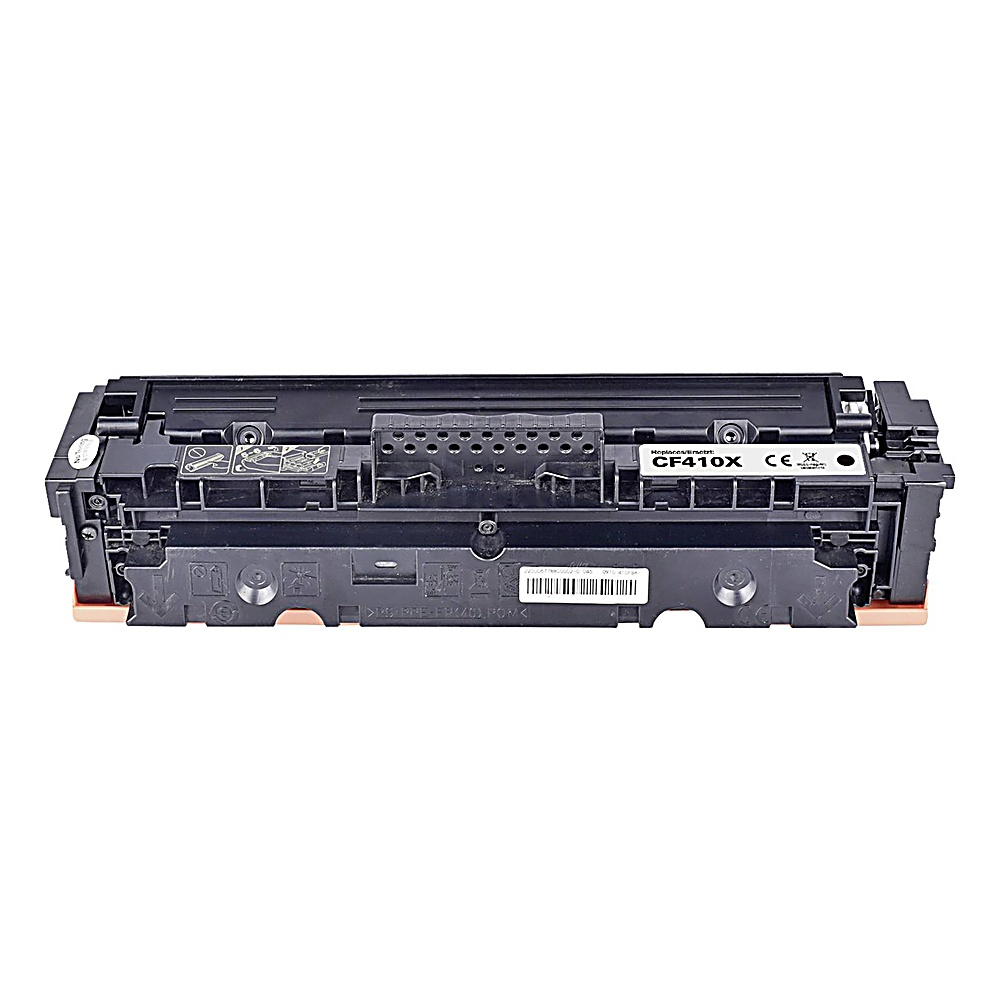 Una cartuccia toner per stampante nera e marrone chiaro. Ha il modello CF410X. Lo sfondo è bianco.
