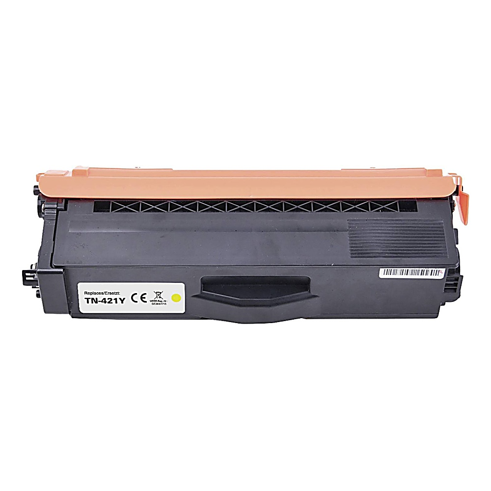 Una cartuccia toner nera e marrone chiaro, etichettata TN-421Y. La parte superiore è marrone chiaro con fessure nere, il corpo è nero.
