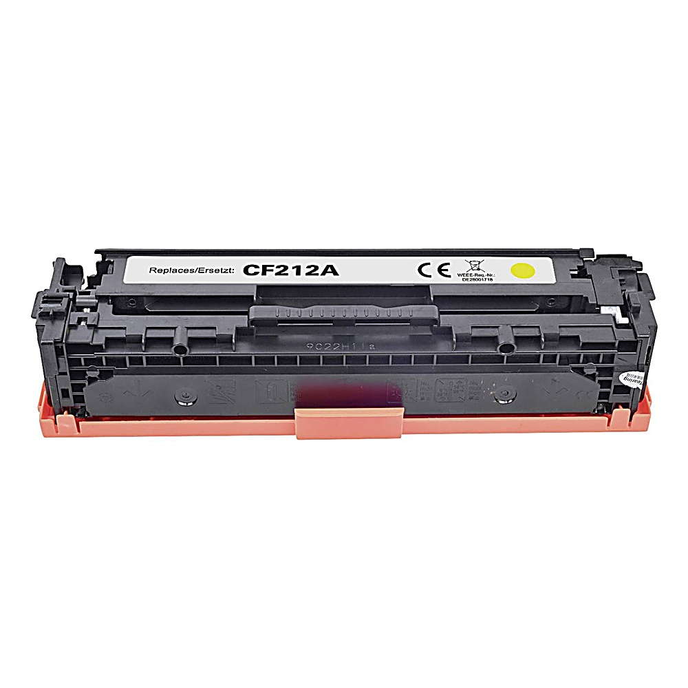Una cartuccia toner per stampante, nera e arancione. Ha il testo: CF212A, CE e altri dettagli. Lo sfondo è bianco.