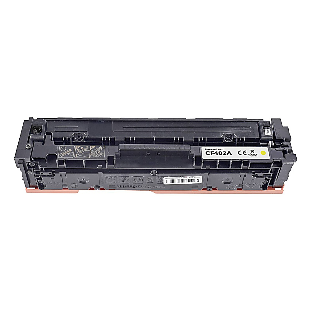 Una cartuccia toner CF402A nera e arancione. Ha etichette con testo e simboli e un adesivo giallo con marchio CE.