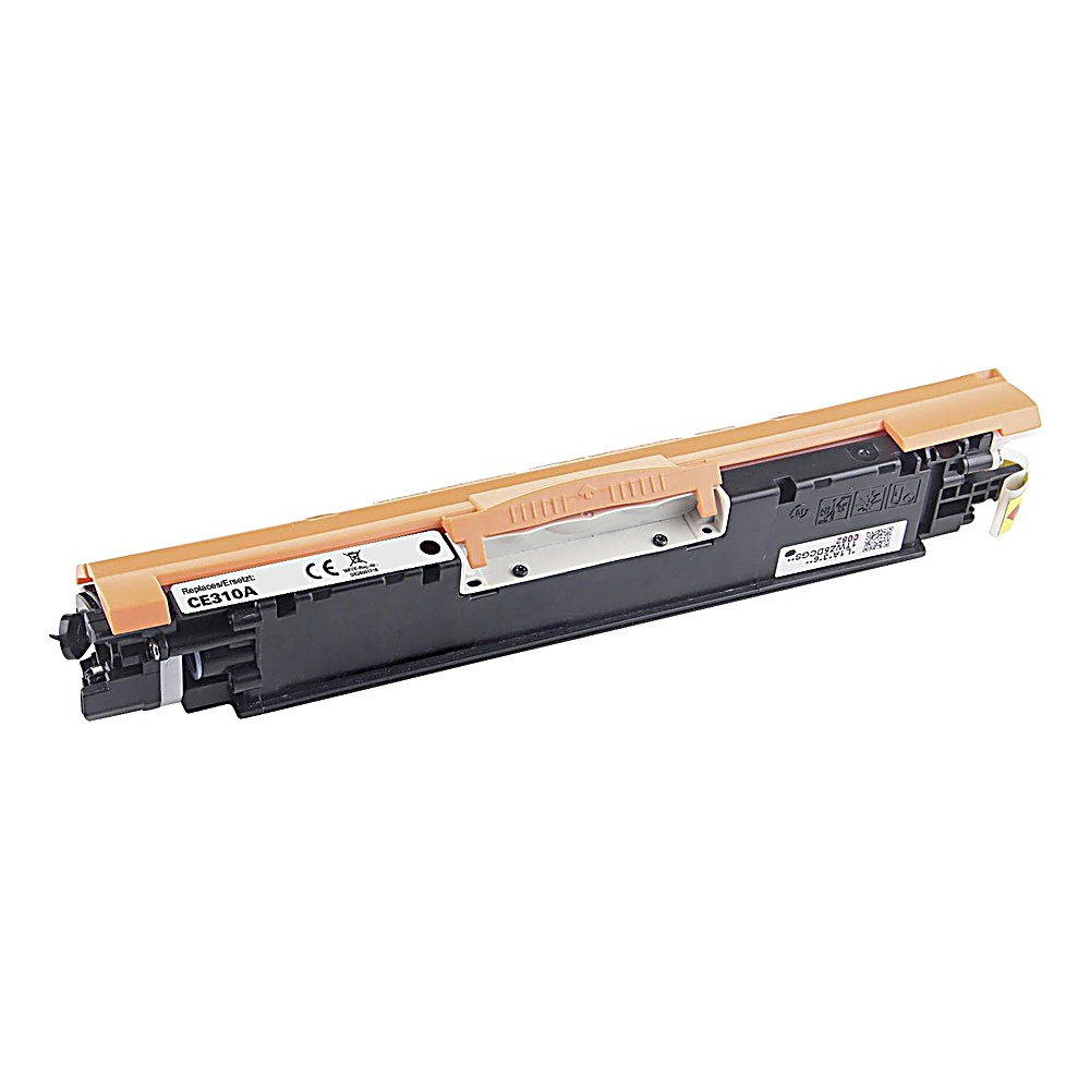 Una cartuccia toner per stampante, nera e arancione. Ha un'etichetta con testo ed è su sfondo bianco.