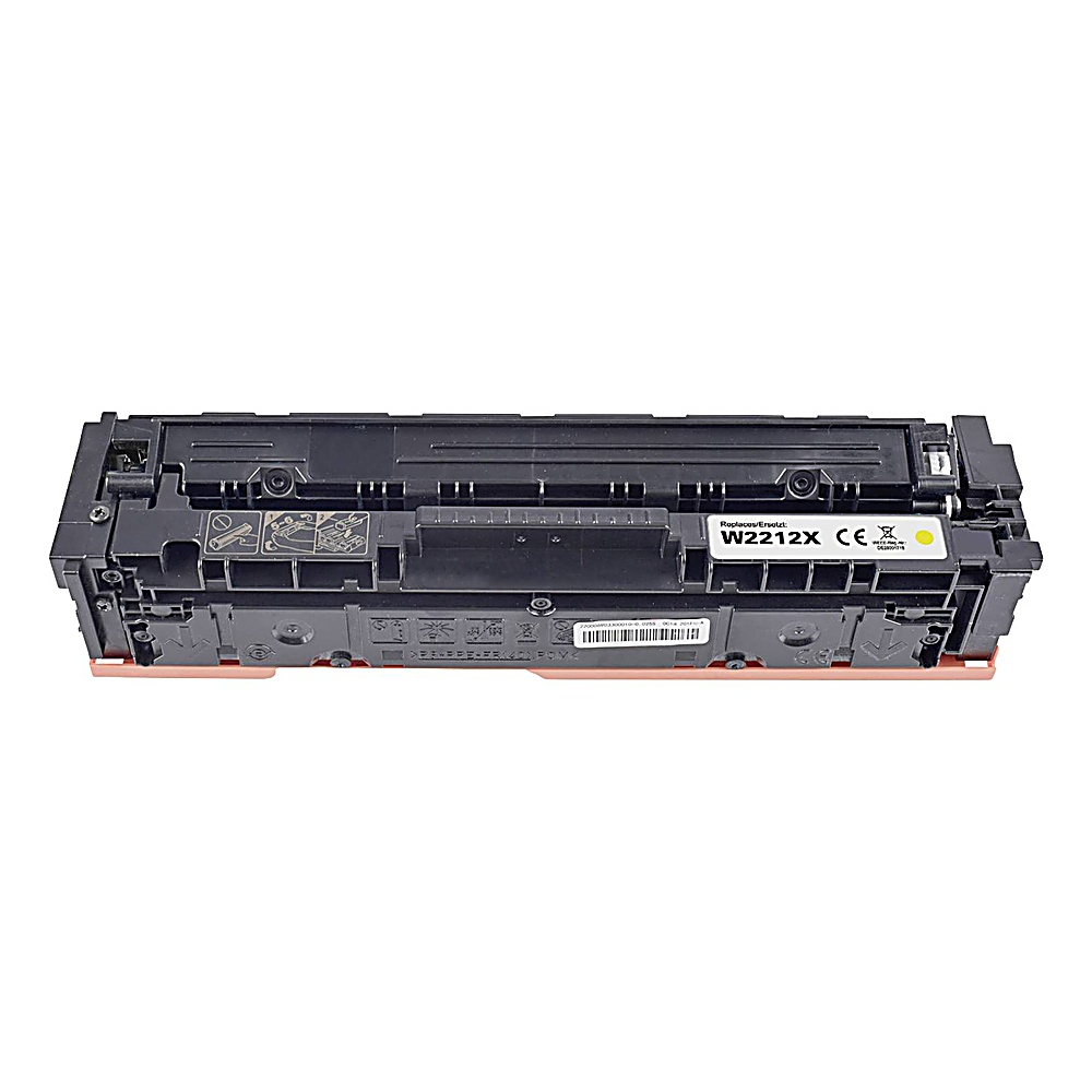 Una cartuccia toner per stampante nera e pesca, modello W2212X, su sfondo bianco. Ha etichette e marcatura CE.