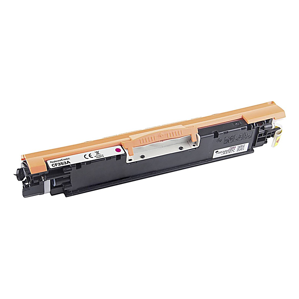 Una cartuccia toner per stampante arancione e nera. Ha accenti rosa e una maniglia beige. Lo sfondo è bianco.
