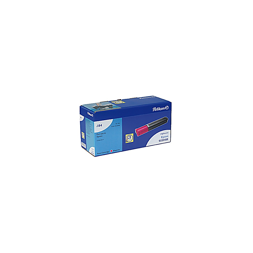 Una scatola di cartucce d'inchiostro Pelikan blu e bianca. Ha una cartuccia d'inchiostro magenta visibile sul lato. Lo sfondo è bianco.