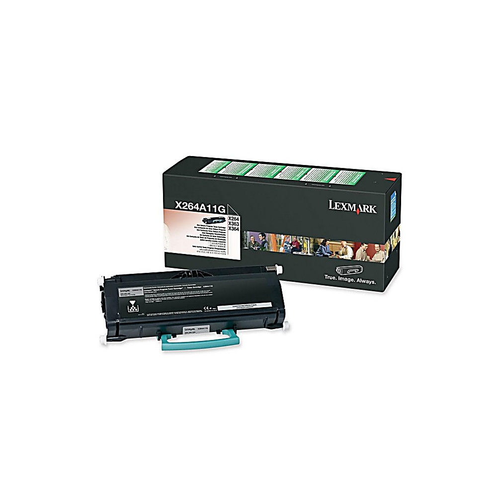 Una cartuccia toner Lexmark X264A11G e la sua scatola sono su una superficie bianca. La scatola ha il logo Lexmark.