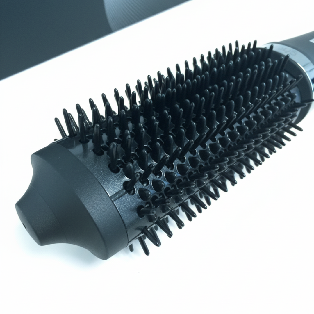 Una spazzola nera per capelli con setole. La spazzola è su una superficie bianca. La spazzola ha un manico nero e una testa cilindrica.