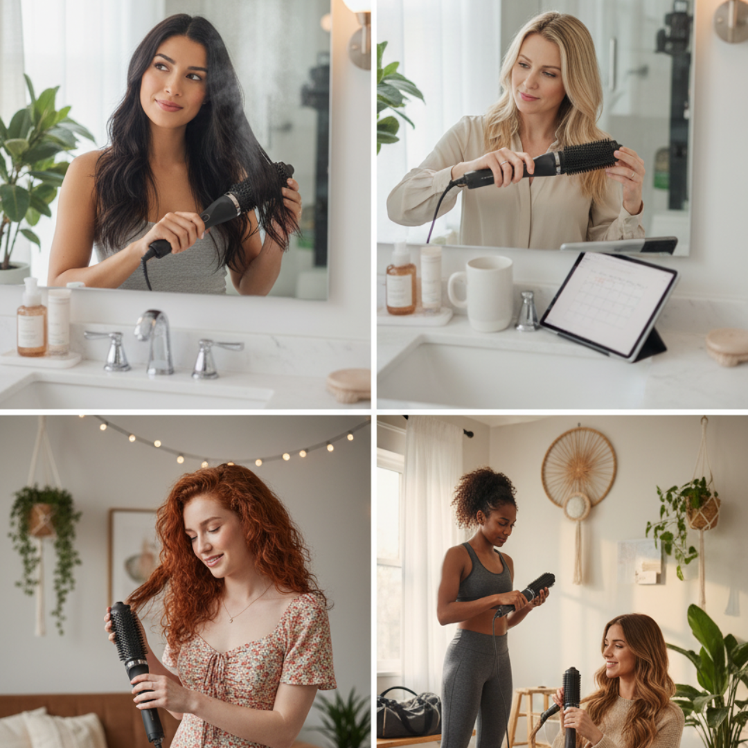 Quattro donne usano strumenti per lo styling dei capelli in diversi contesti. Sono visibili specchi, piante e vari elementi del bagno e del soggiorno.