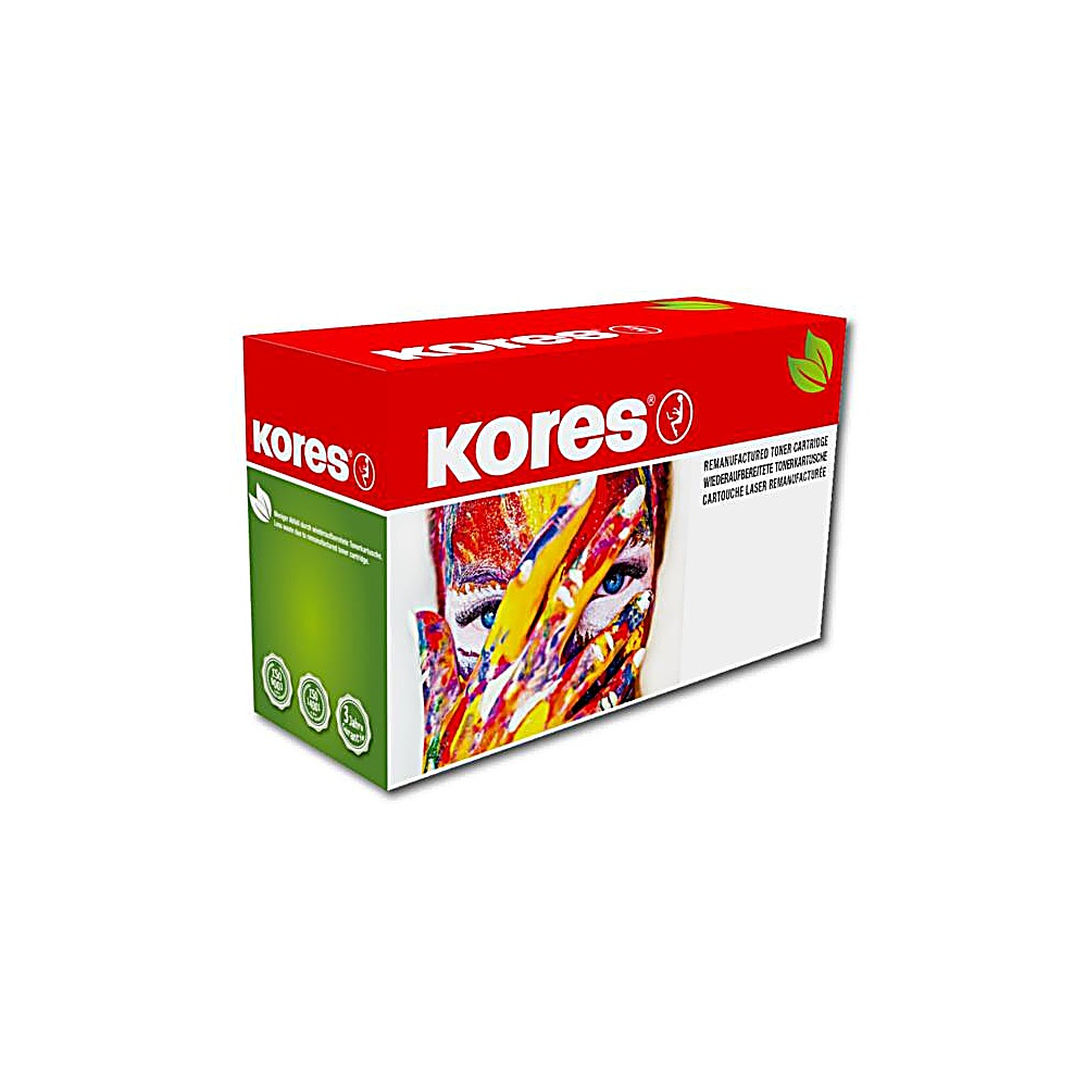 Una scatola rossa Kores mostra un volto coperto di vernice colorata. Il testo recita 'Remanufactured Toner Cartridge'.