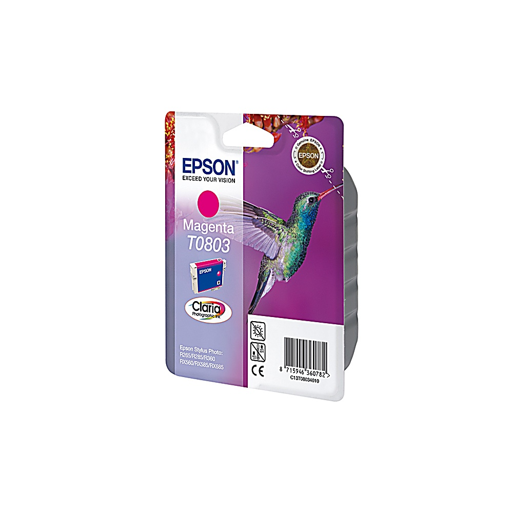 Una confezione di cartucce d'inchiostro Epson Magenta T0803. Ha un'immagine di colibrì, il logo Epson e i dettagli del prodotto.