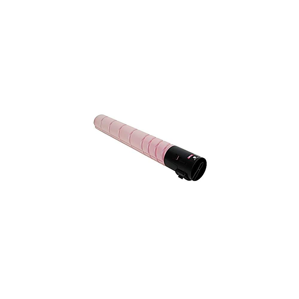 Una cartuccia di toner rosa con un tappo nero poggia diagonalmente su sfondo bianco. La cartuccia è cilindrica.