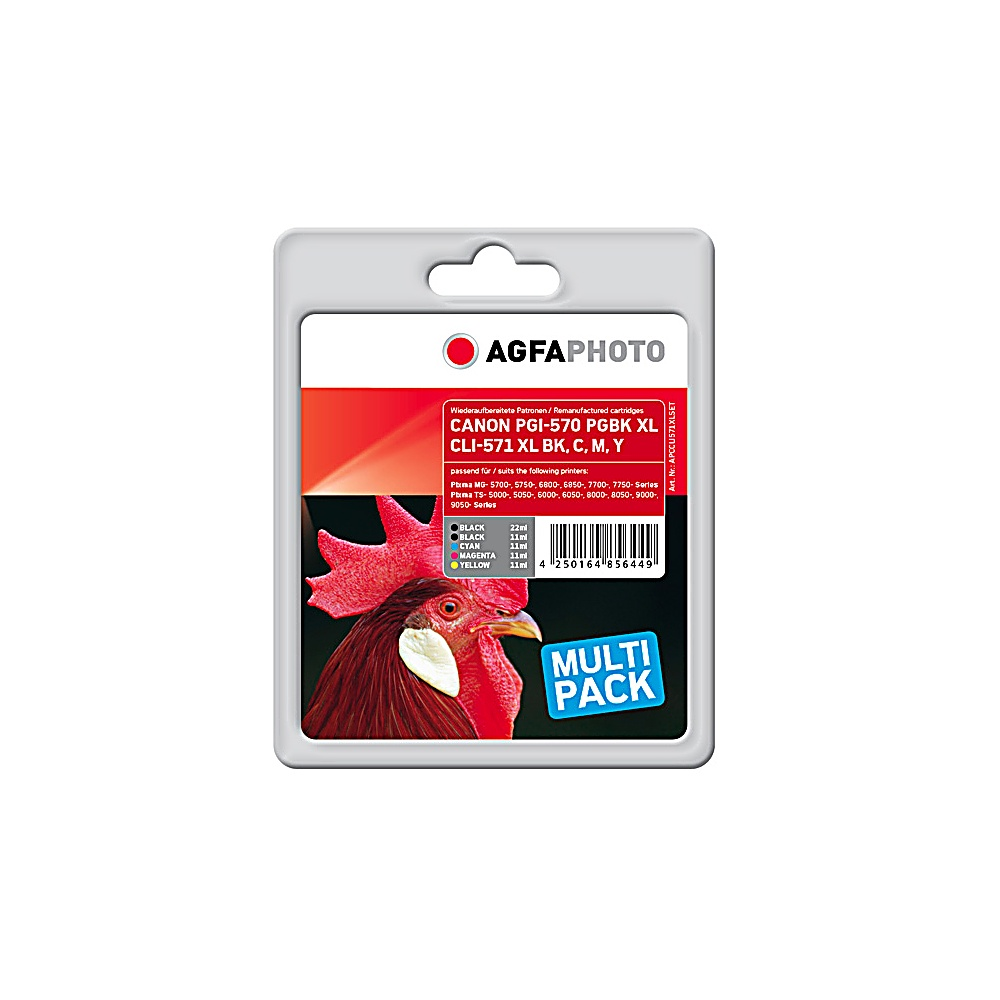 Un multipack di cartucce per stampanti AgfaPhoto con l'immagine di un gallo. Dettagli del prodotto e stampanti compatibili.