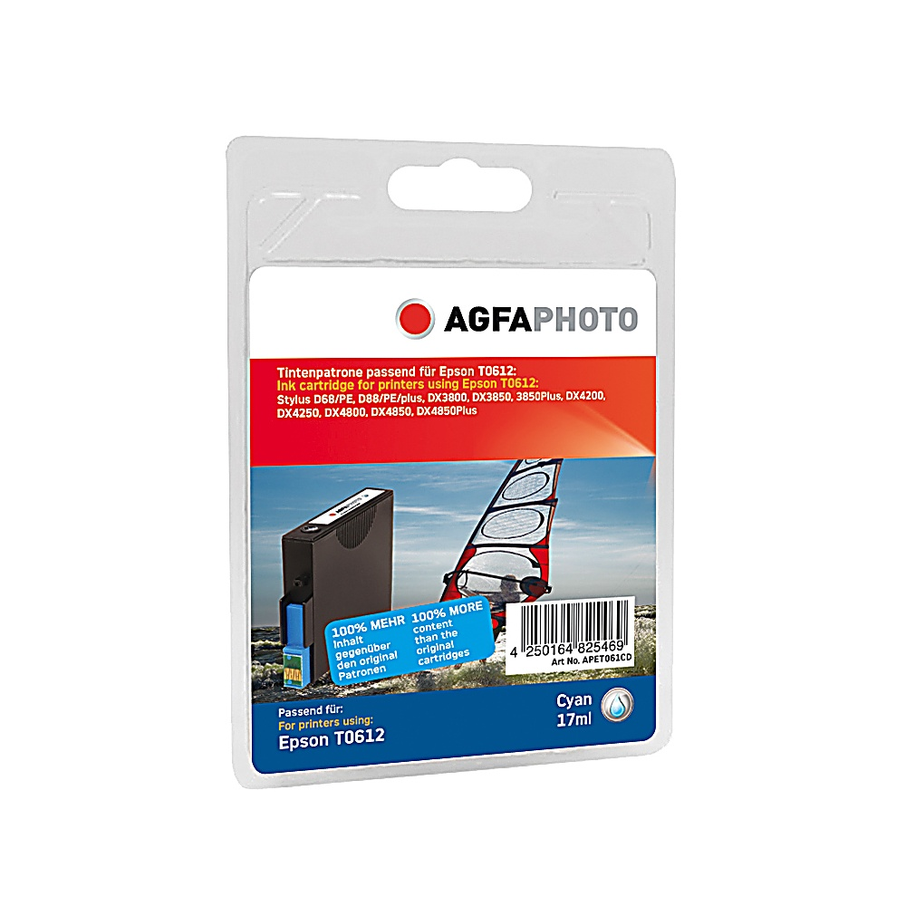 Cartuccia d'inchiostro AGFA photo per stampanti Epson T0612. Colore ciano, 17 ml. La confezione mostra una cartuccia e testo in inglese e tedesco.