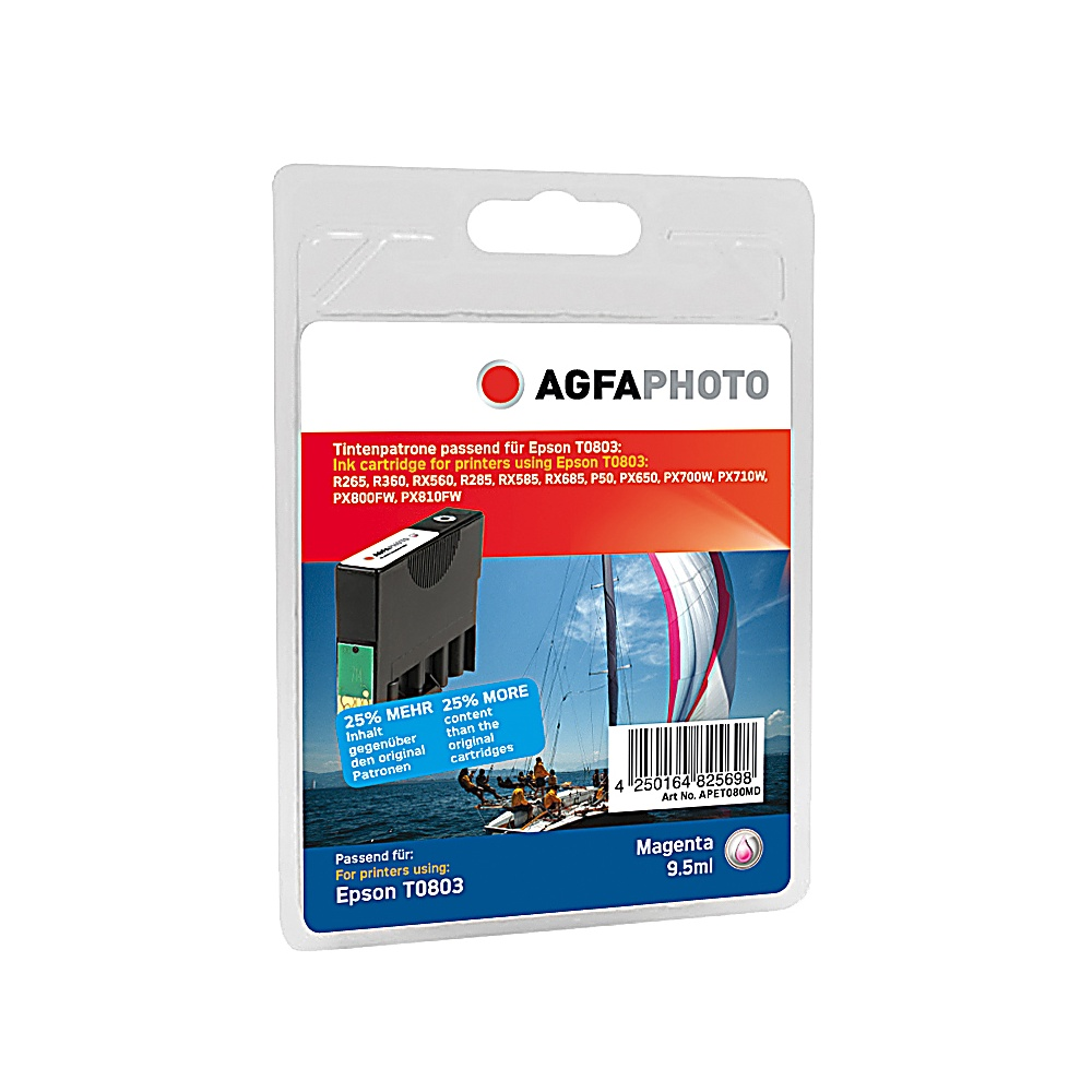 Cartuccia d'inchiostro in confezione di plastica. Il testo include 'AGFA Photo', 'Magenta' e compatibilità stampante.