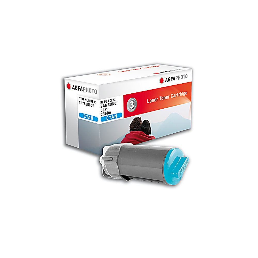 Una scatola di toner laser ciano con una cartuccia davanti. La scatola dice AGFA Photo e Cartuccia toner laser.