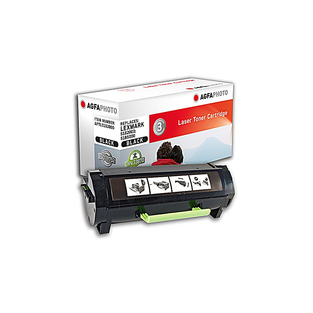 Una cartuccia toner laser nera di AgfaPhoto, per stampanti Lexmark, su sfondo bianco. La confezione include una garanzia di 3 anni.