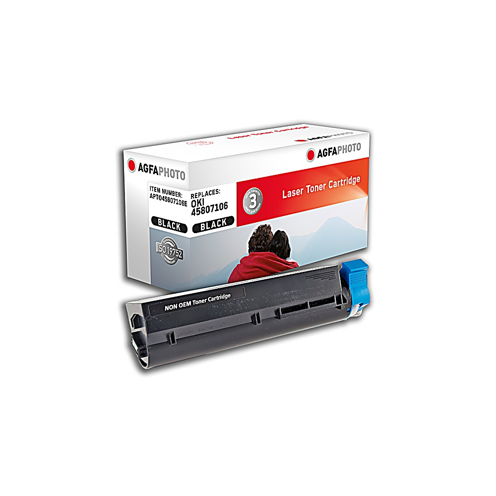 Una scatola di cartucce toner laser con una cartuccia sottostante. La scatola ha il logo AgfaPhoto, un'etichetta toner nero e l'immagine di due persone.