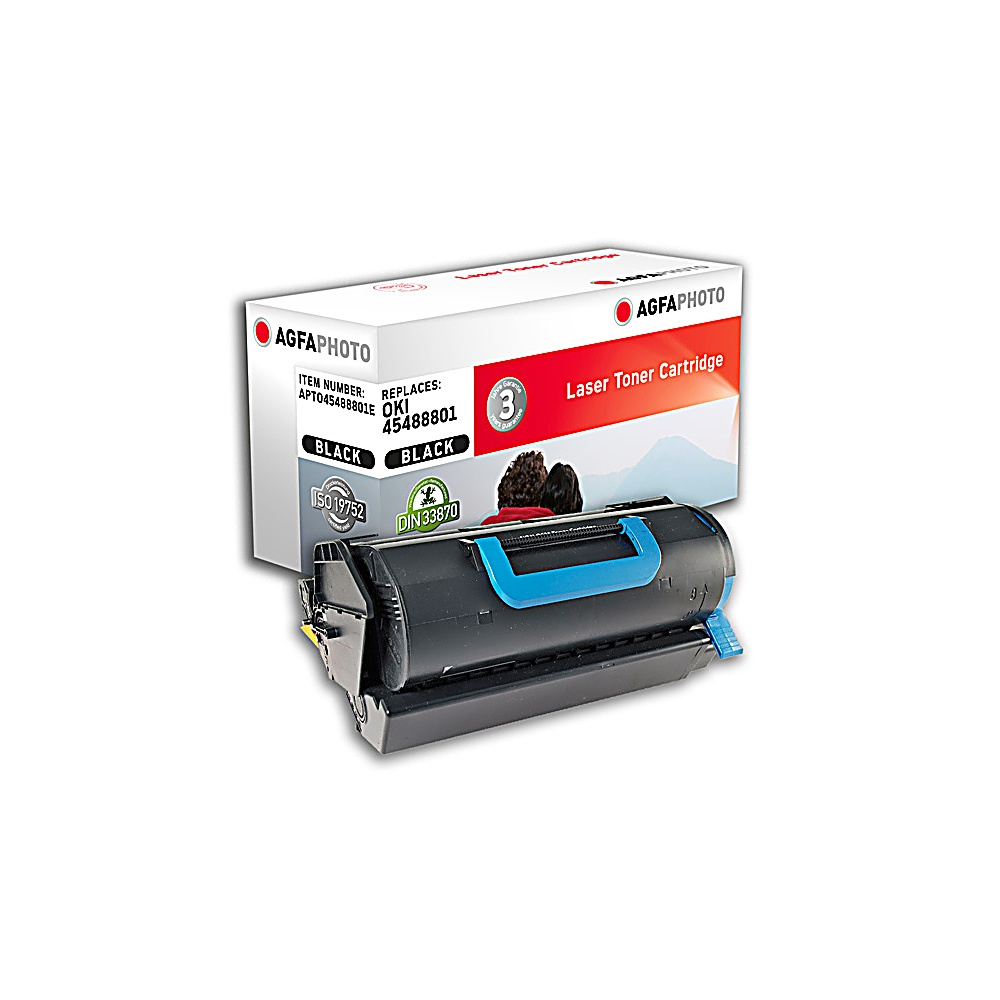 Una cartuccia toner laser AGFA Photo nera. La scatola mostra il marchio e i dettagli. La cartuccia ha una maniglia blu.