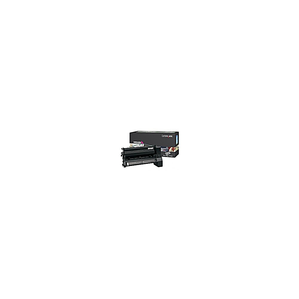 Una cartuccia toner e una scatola Lexmark su sfondo bianco. La scatola è nera con il logo Lexmark. La cartuccia è nera.