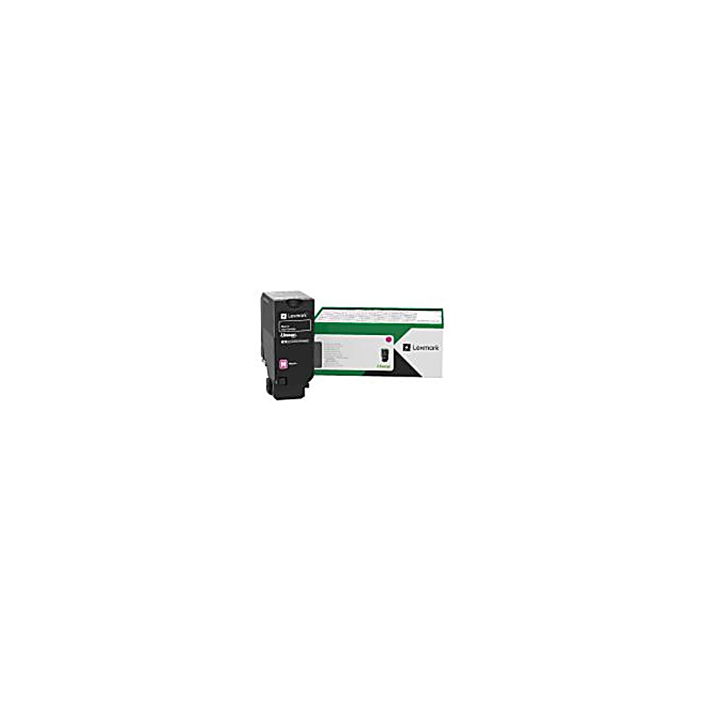 Una cartuccia di inchiostro magenta Lexmark e la sua scatola su sfondo bianco. La scatola è verde e bianca.