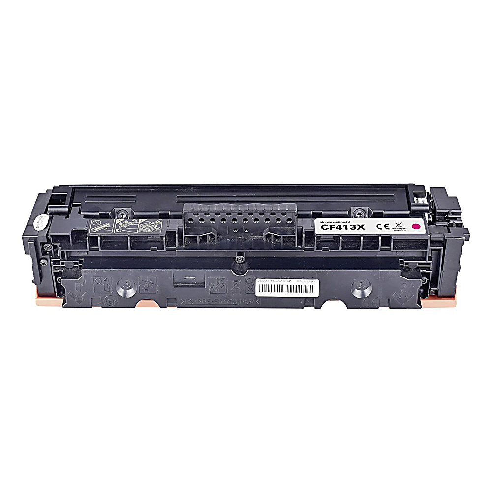Una cartuccia toner CF413X nera, vista dall'alto, su sfondo bianco. Ha dettagli rosa e un codice a barre.