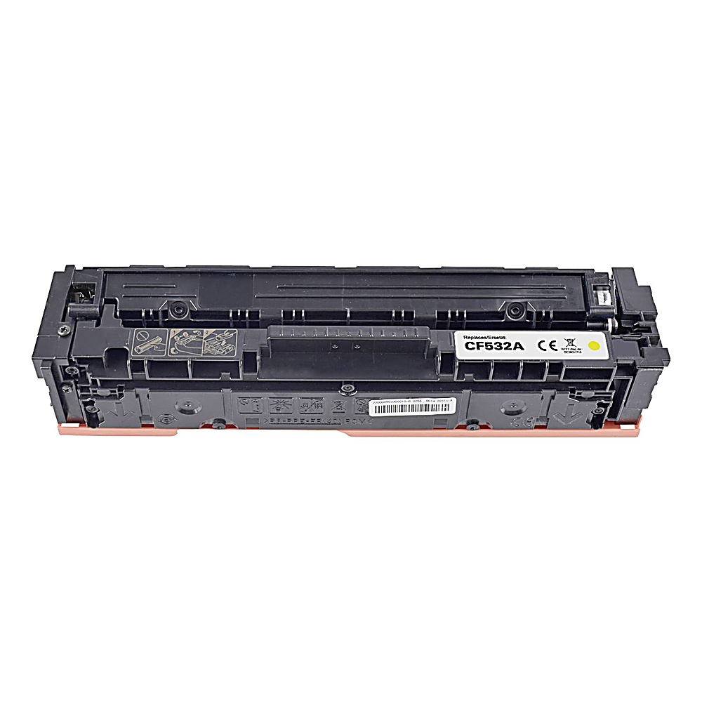 Una cartuccia toner HP CF532A nera e arancione, etichettata con marchio CE, su sfondo bianco.