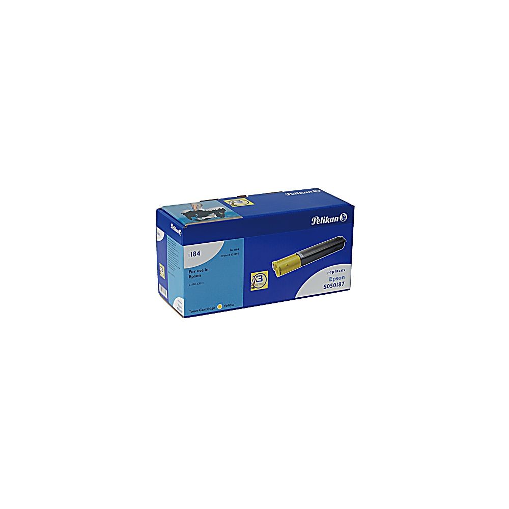 Una scatola di cartucce toner Pelikan Epson S050187 è su una superficie bianca. È blu, nero e giallo. La scatola è al centro.