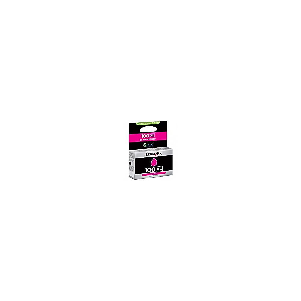 Cartuccia d'inchiostro magenta Lexmark 100 XL in confezione al dettaglio su sfondo bianco.