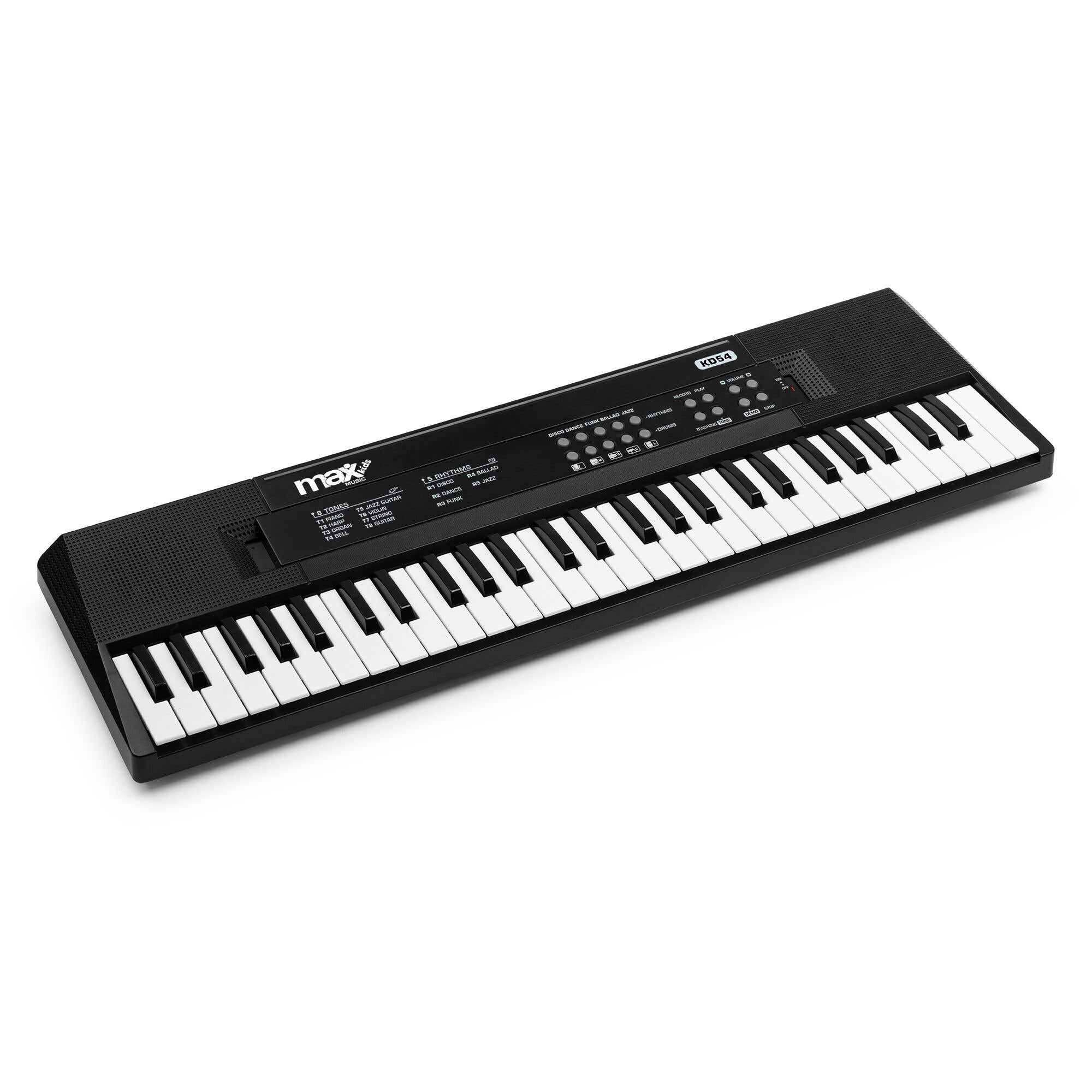 Un teclado blanco y negro con teclas. Tiene botones y la marca Max. El fondo es blanco.