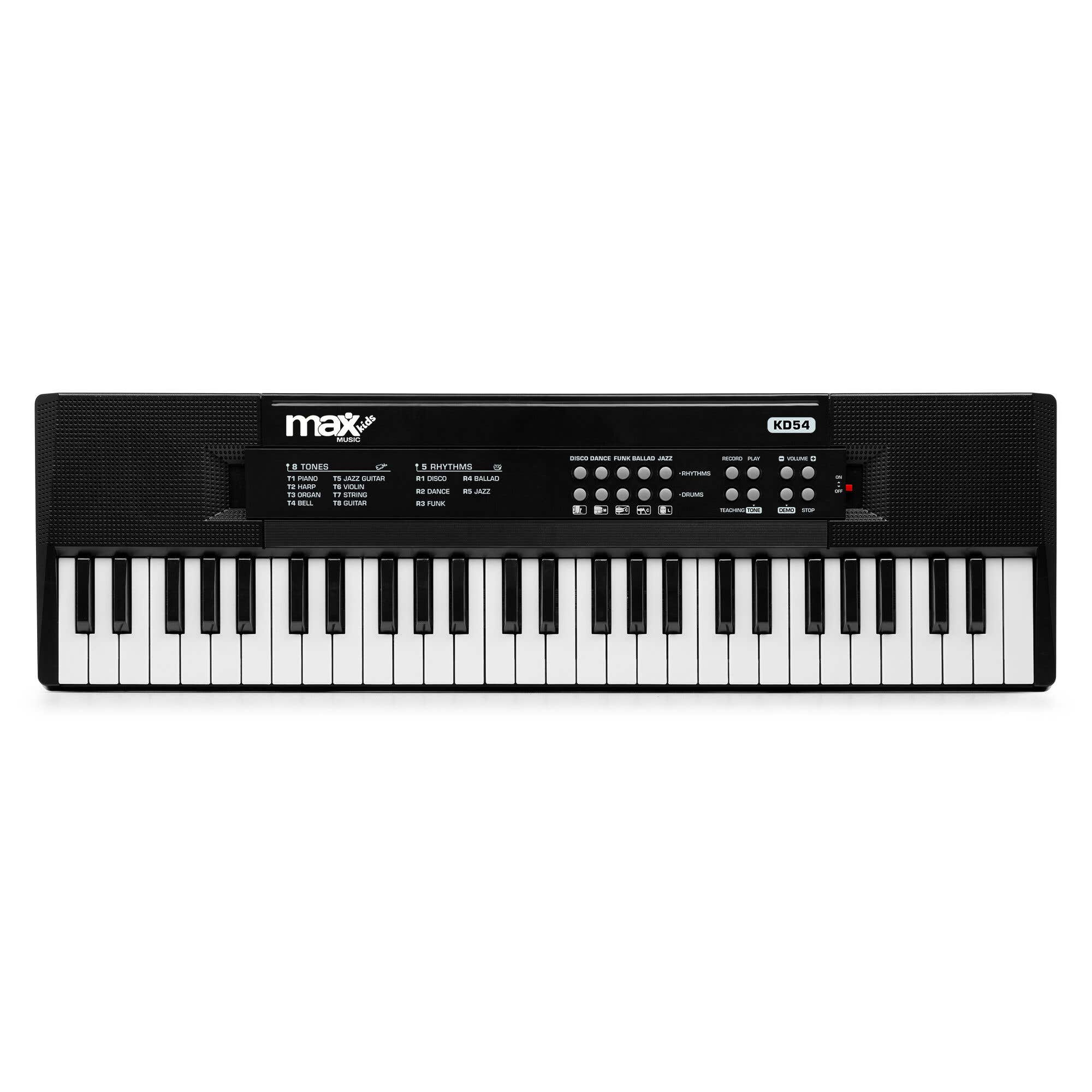 Un teclado negro Max Music con teclas blancas, etiquetado con tonos y ritmos.