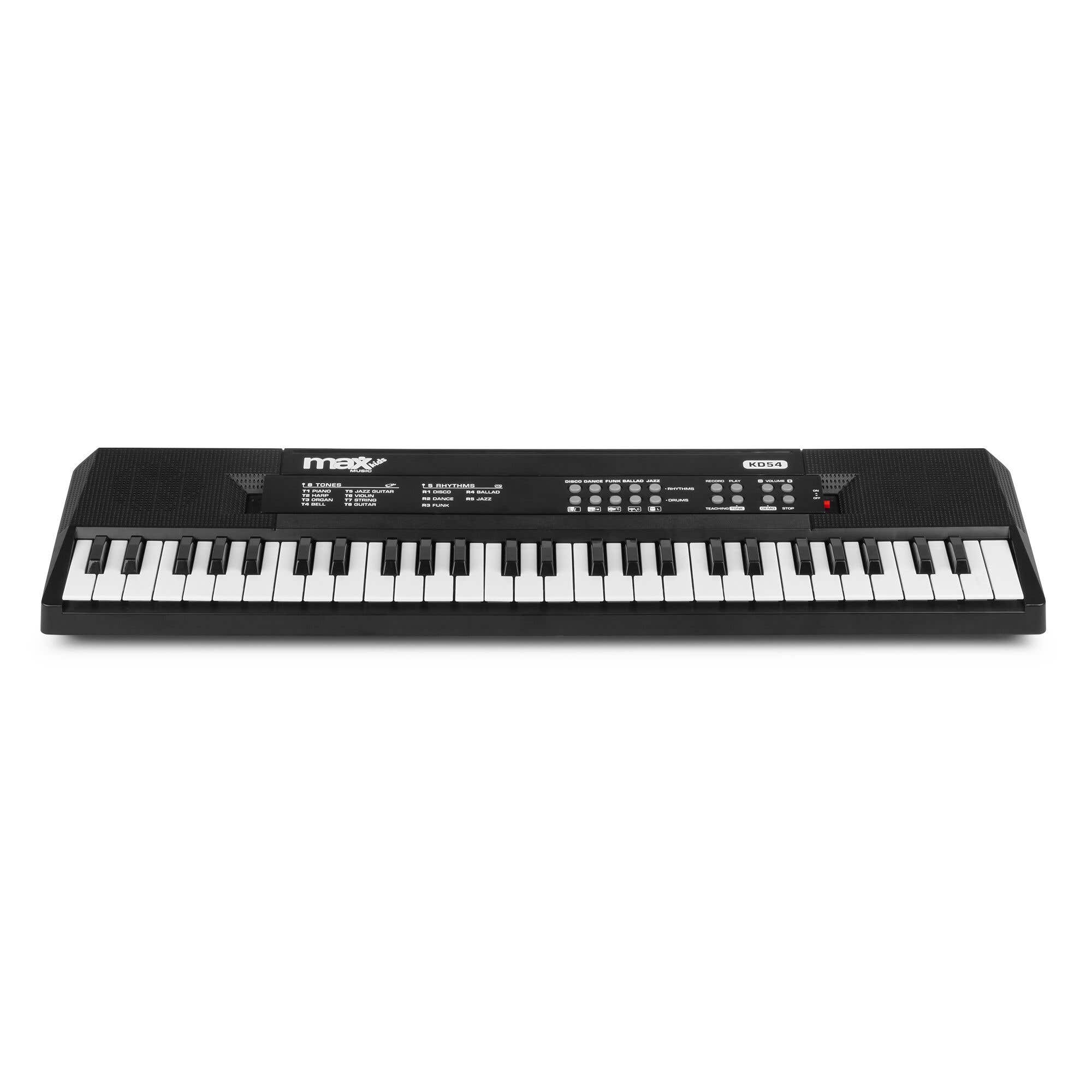 Un teclado blanco y negro con teclas. Tiene botones y la marca 'max' es visible.