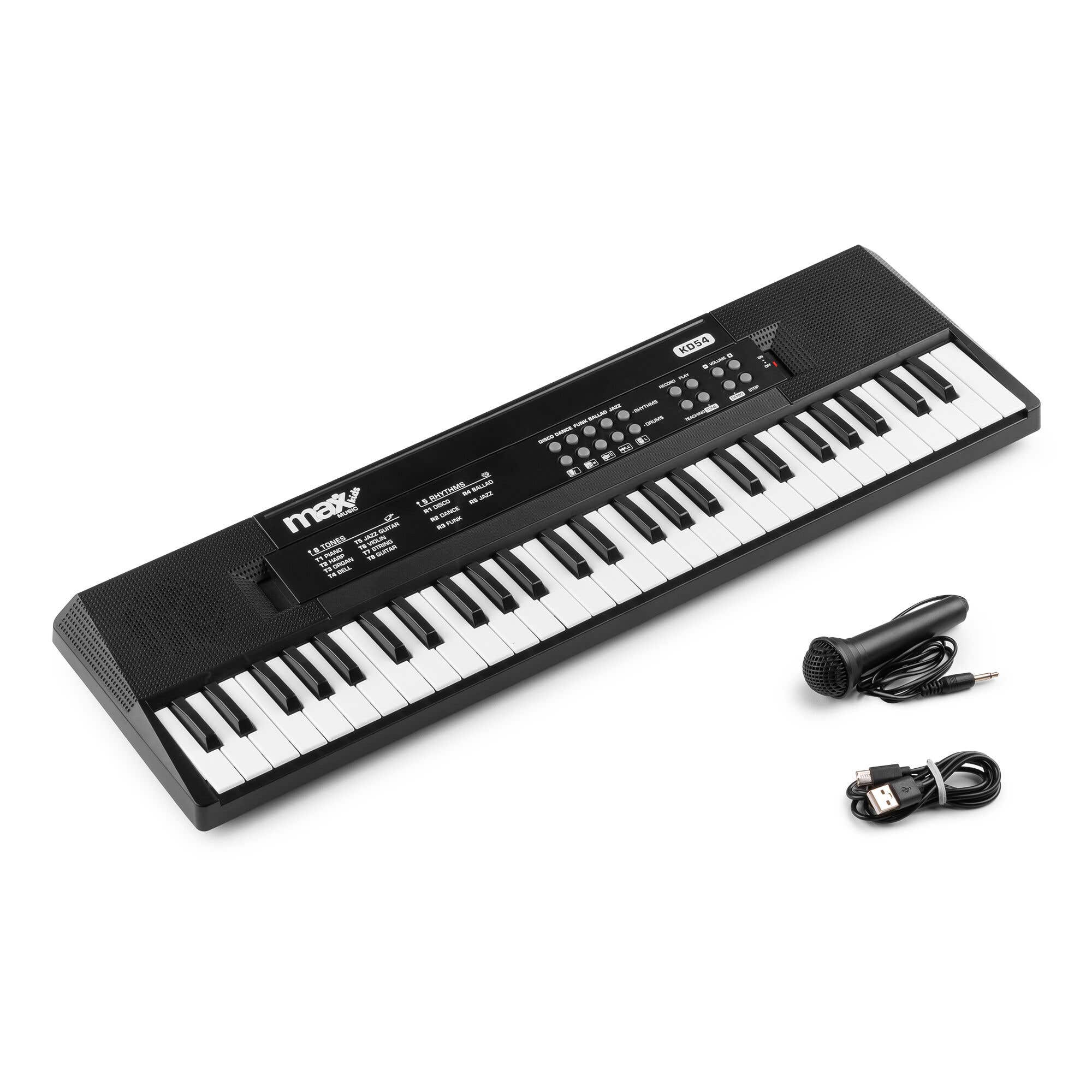 Un teclado blanco y negro con micrófono y cable USB sobre una superficie blanca.
