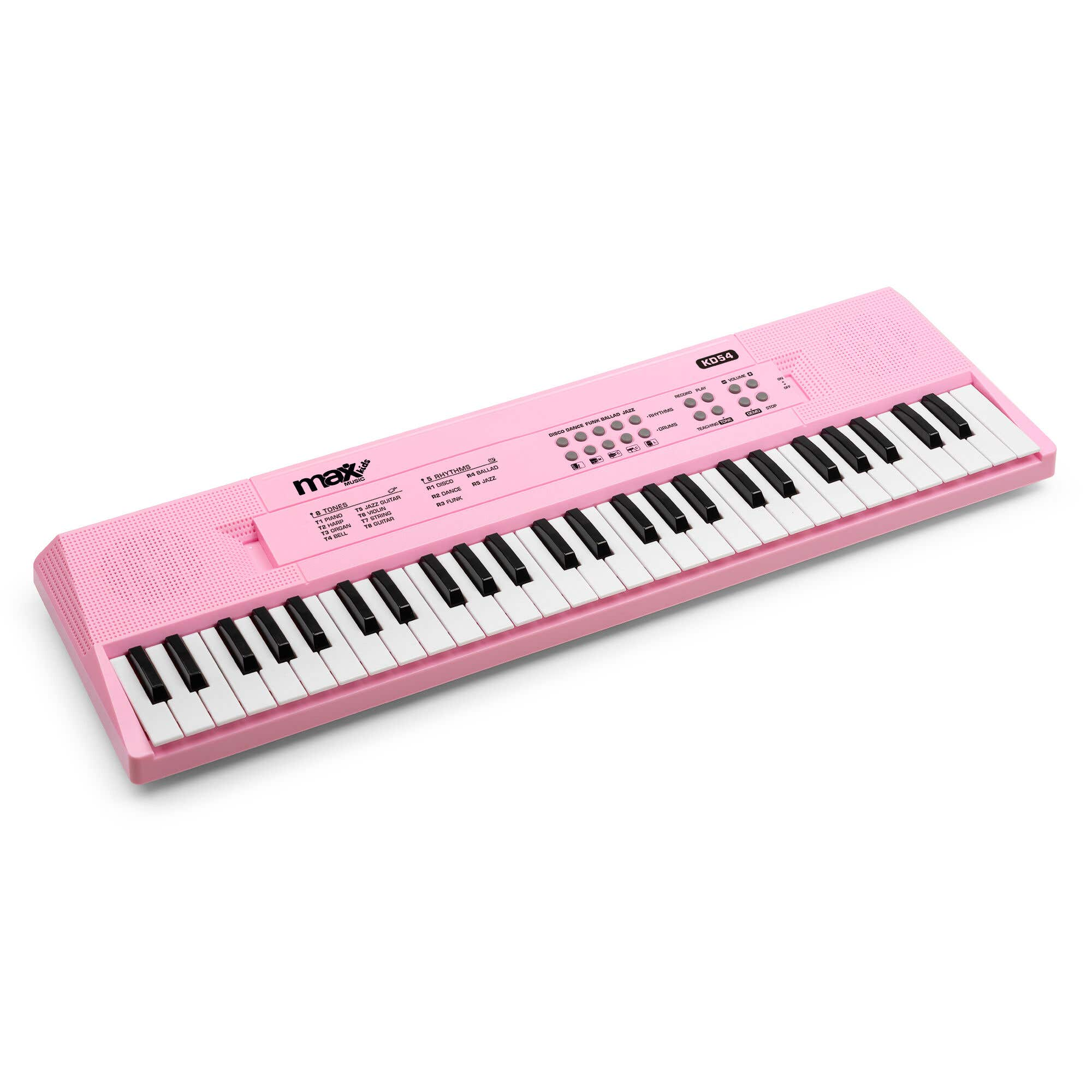 Un teclado de juguete rosa con teclas negras y blancas. Tiene botones para ritmos, tonos y volumen, y la marca 'max kids'.