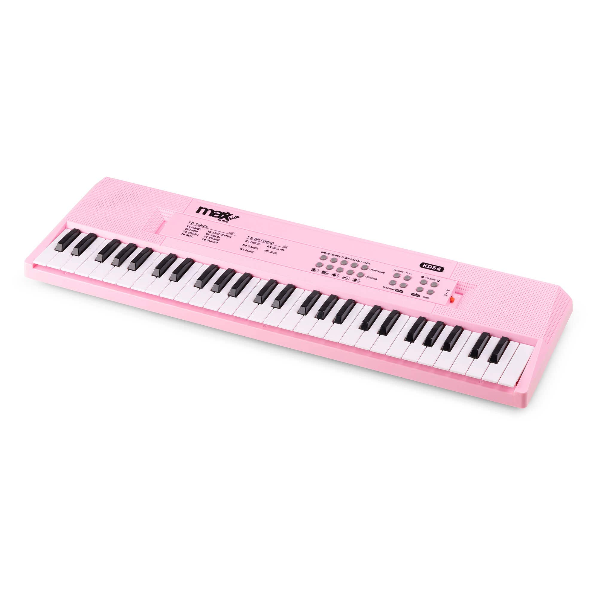 Un teclado de juguete rosa con teclas blancas y negras. Tiene botones para ritmos y tonos, y un nombre de marca.
