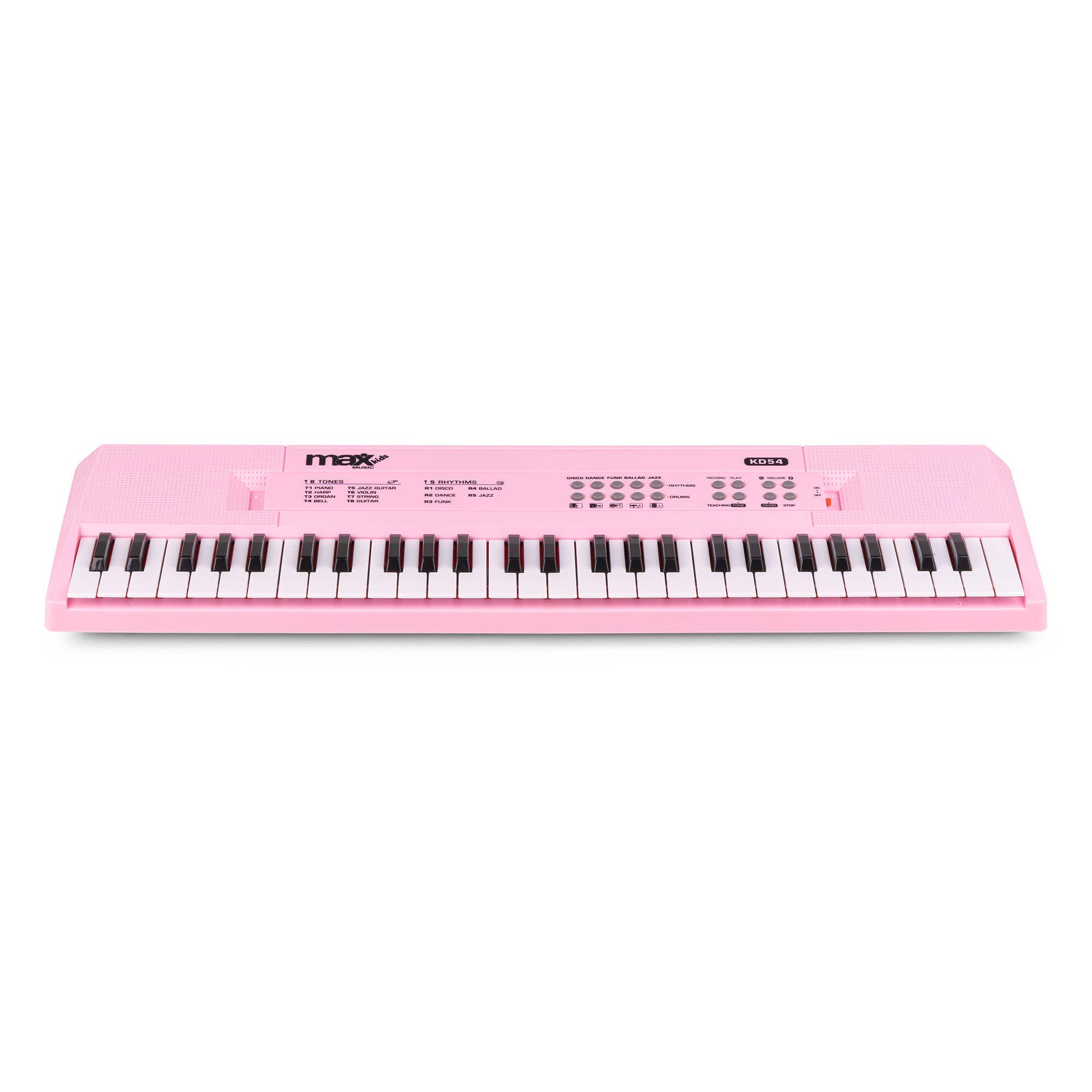 Un teclado de juguete rosa con teclas blancas y negras. Tiene botones de ritmos y tonos, la marca es max kids.